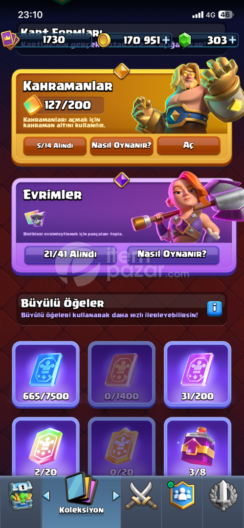 10k kupalı 21 evrim 5 kahramanlı hesap 
