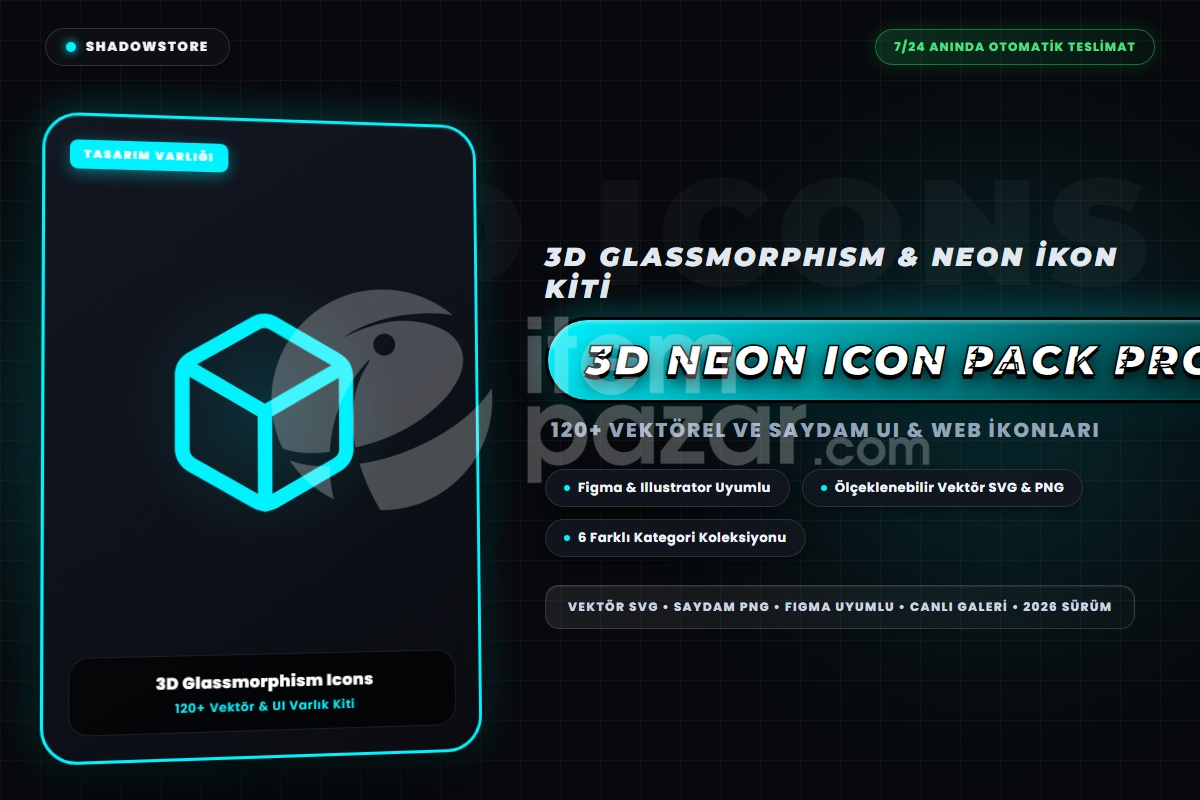 3D Glassmorphism ve Neon İkon Paketi - 120+ Ve