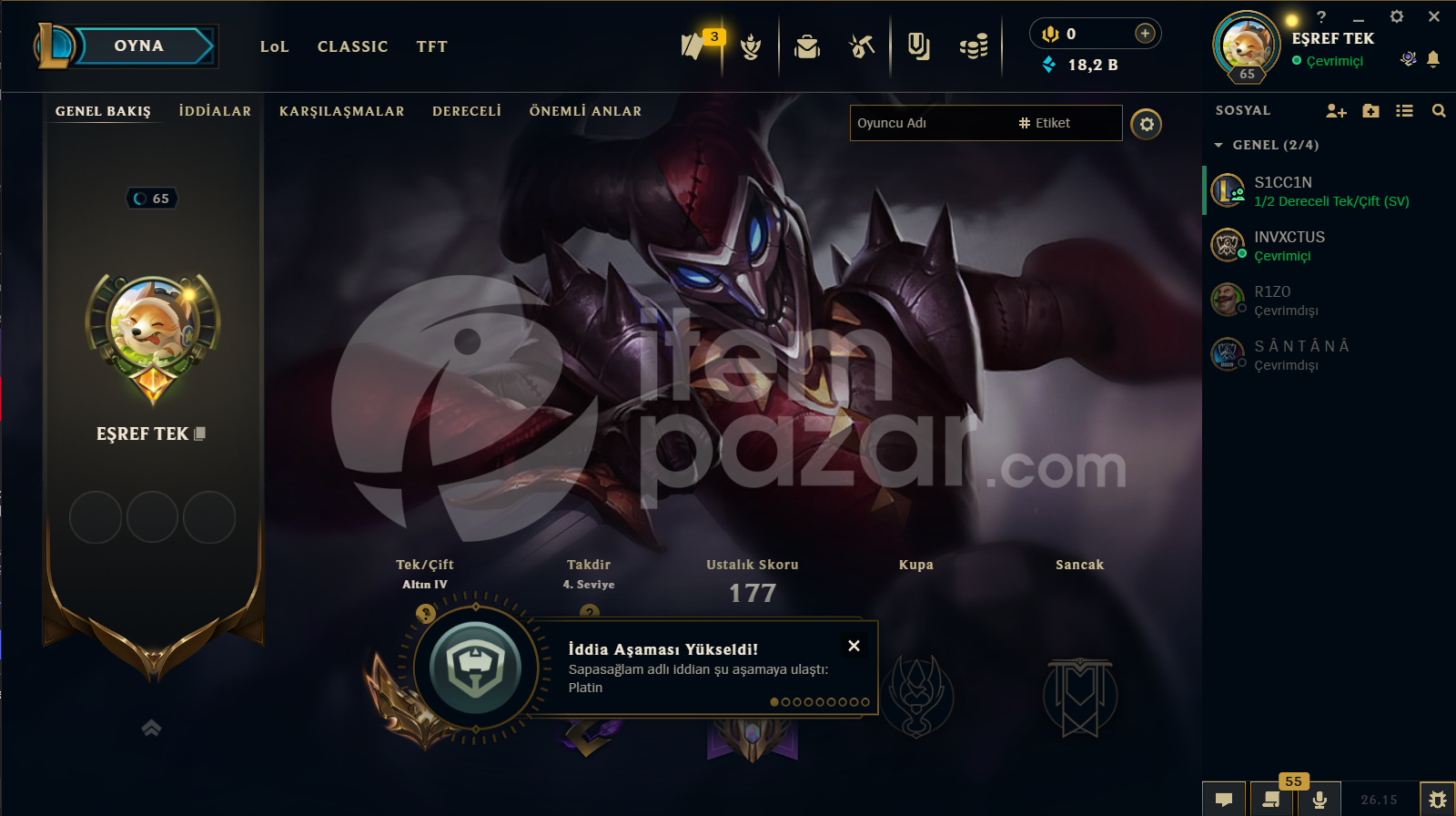 65 Level Altın IV LoL Hesap 70+ Şampiyon