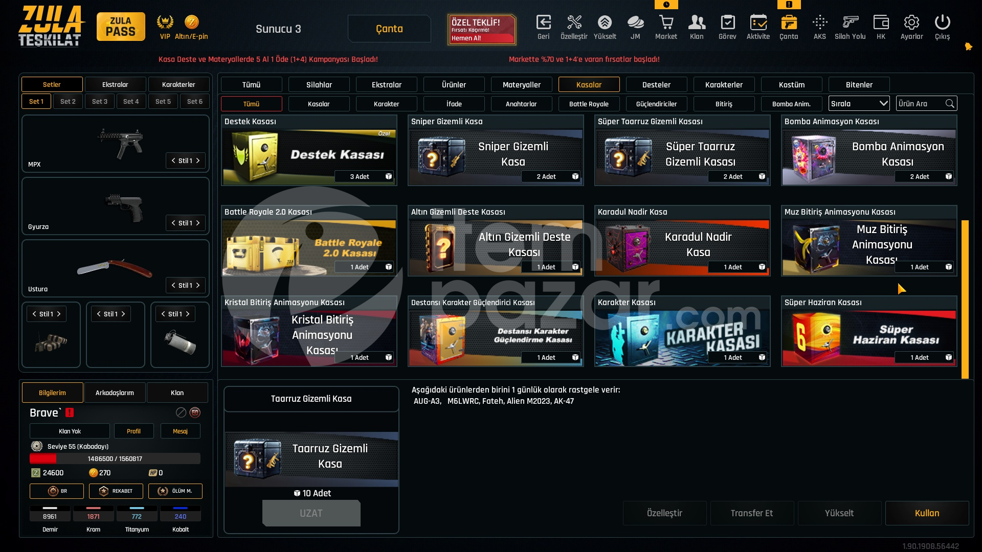 70K Materyalli 55 Seviye Zula Hesabı