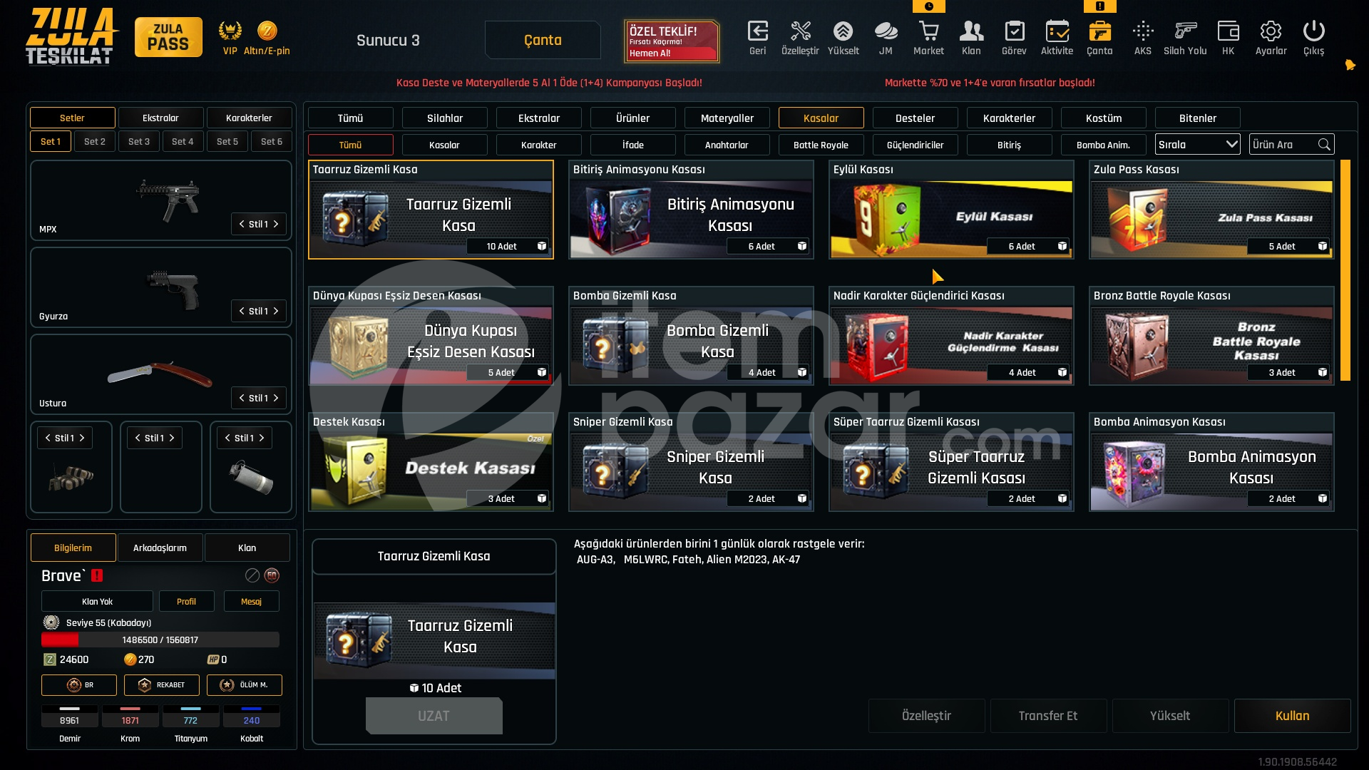 70K Materyalli 55 Seviye Zula Hesabı
