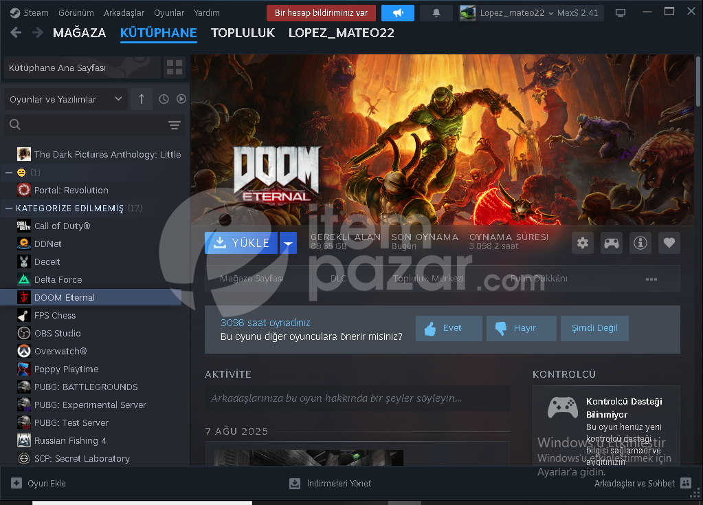 doom eternal steam hesap