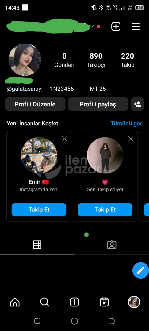 Fake kız hesabı 890 takipçili 