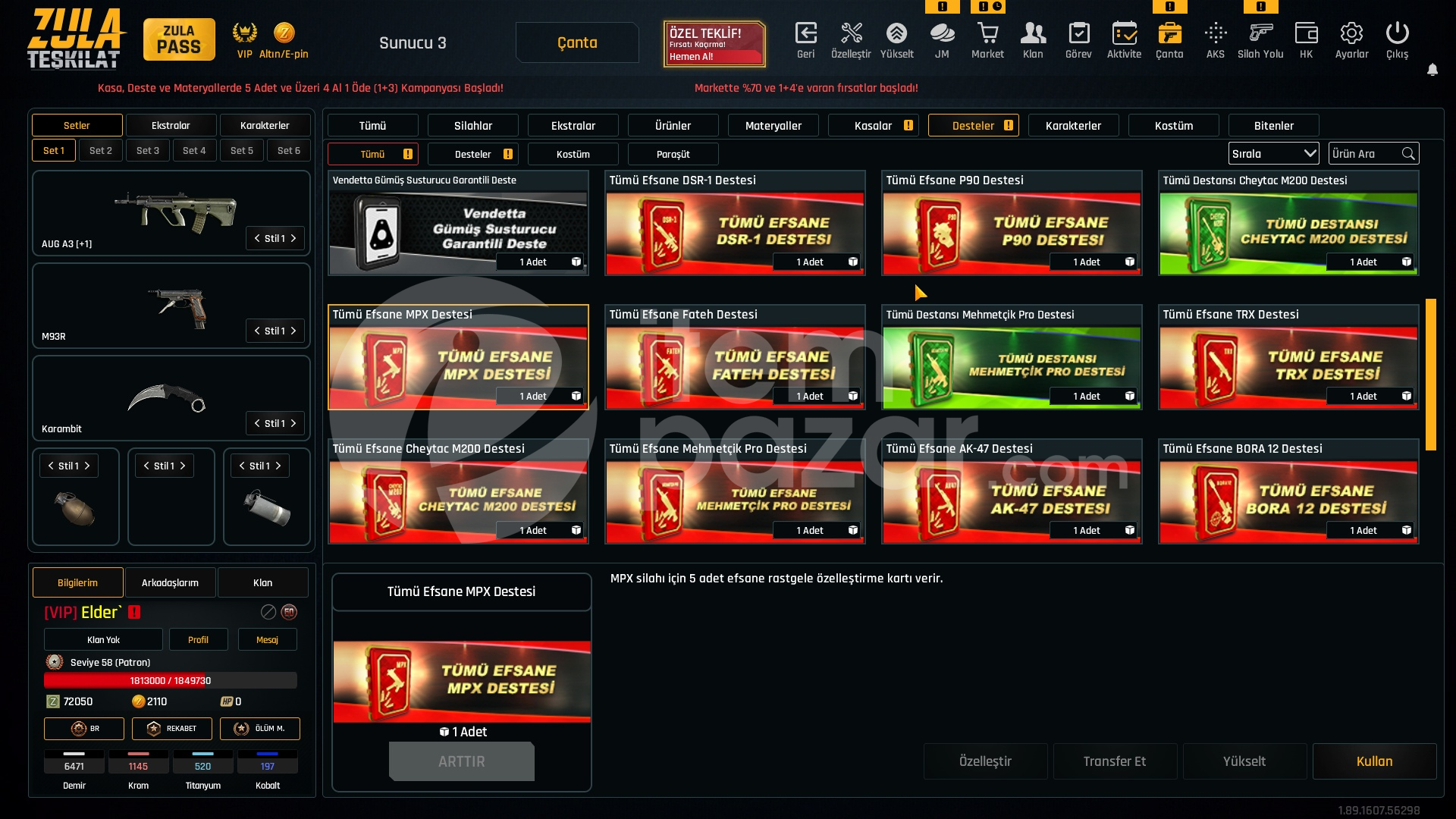 Sınırsızlı 34K Materyalli 58 Seviye Zula Hesap