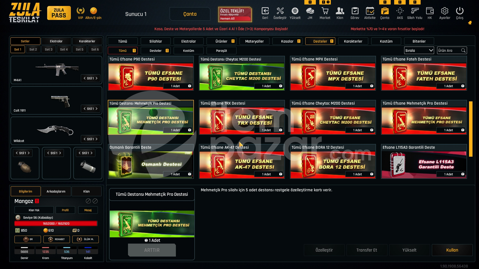 Sınırsızlı 35K Materyalli 56 Seviye Zula Hesap