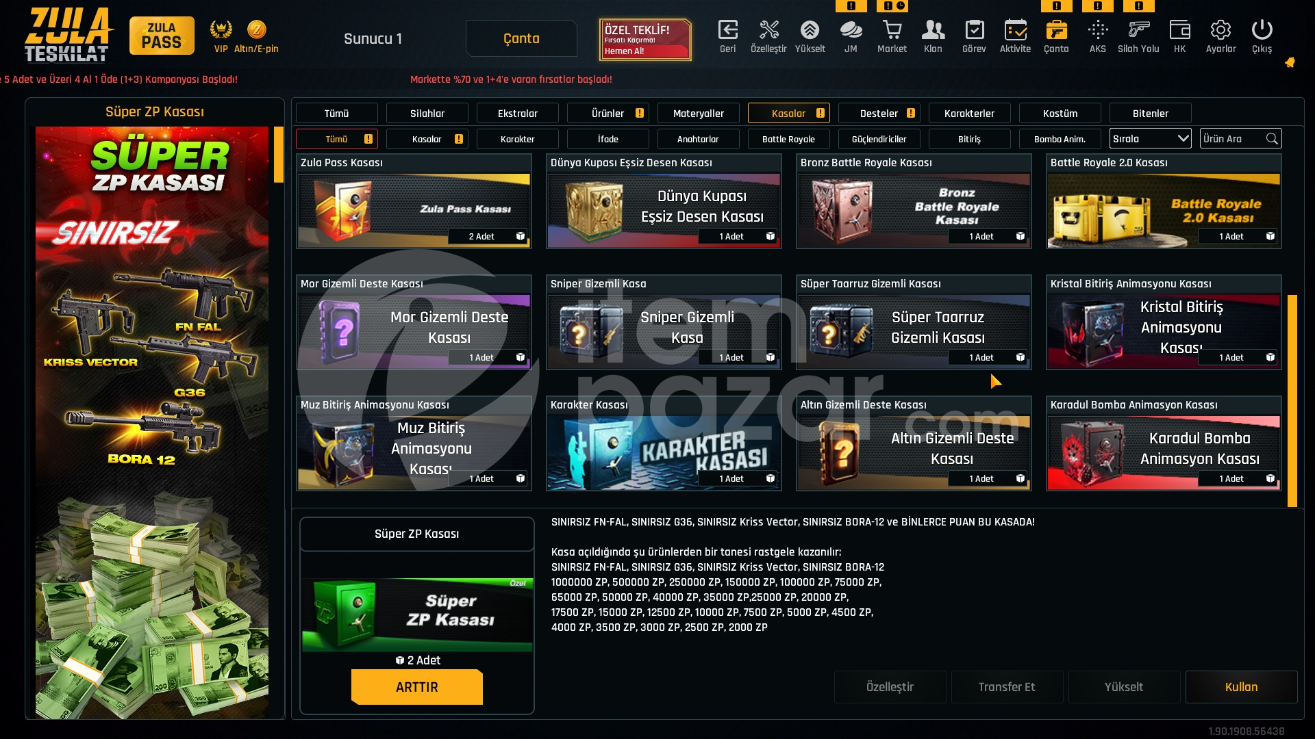 Sınırsızlı 35K Materyalli 56 Seviye Zula Hesap